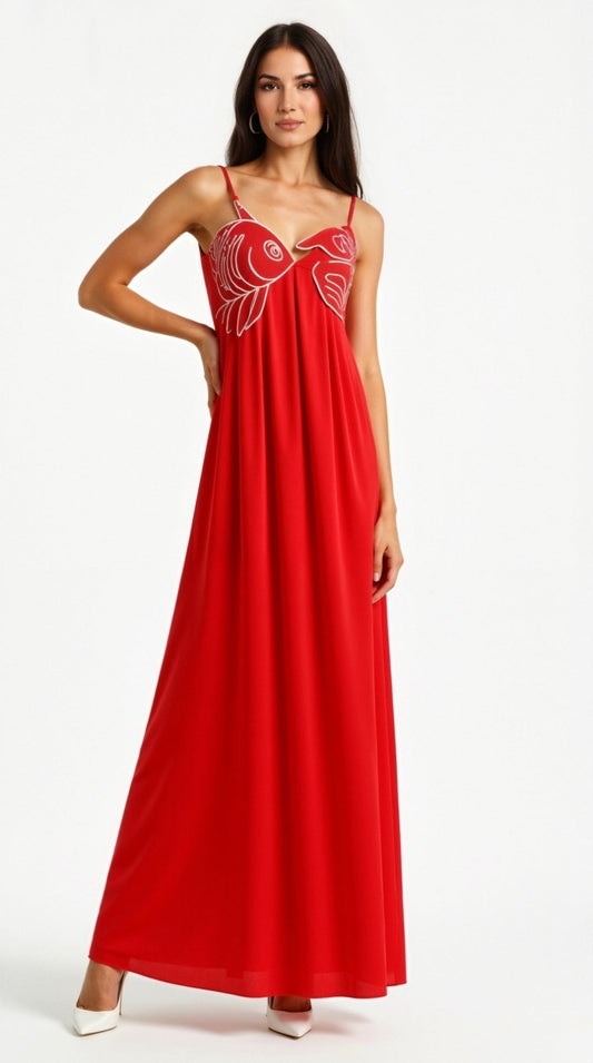 Devera | Embroidered Spaghetti-Strap Maxi Dress