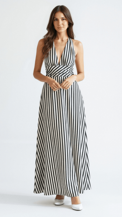 Sandrelle | Striped V-Neck Wrap Maxi Dress