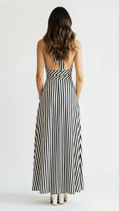 Sandrelle | Striped V-Neck Wrap Maxi Dress